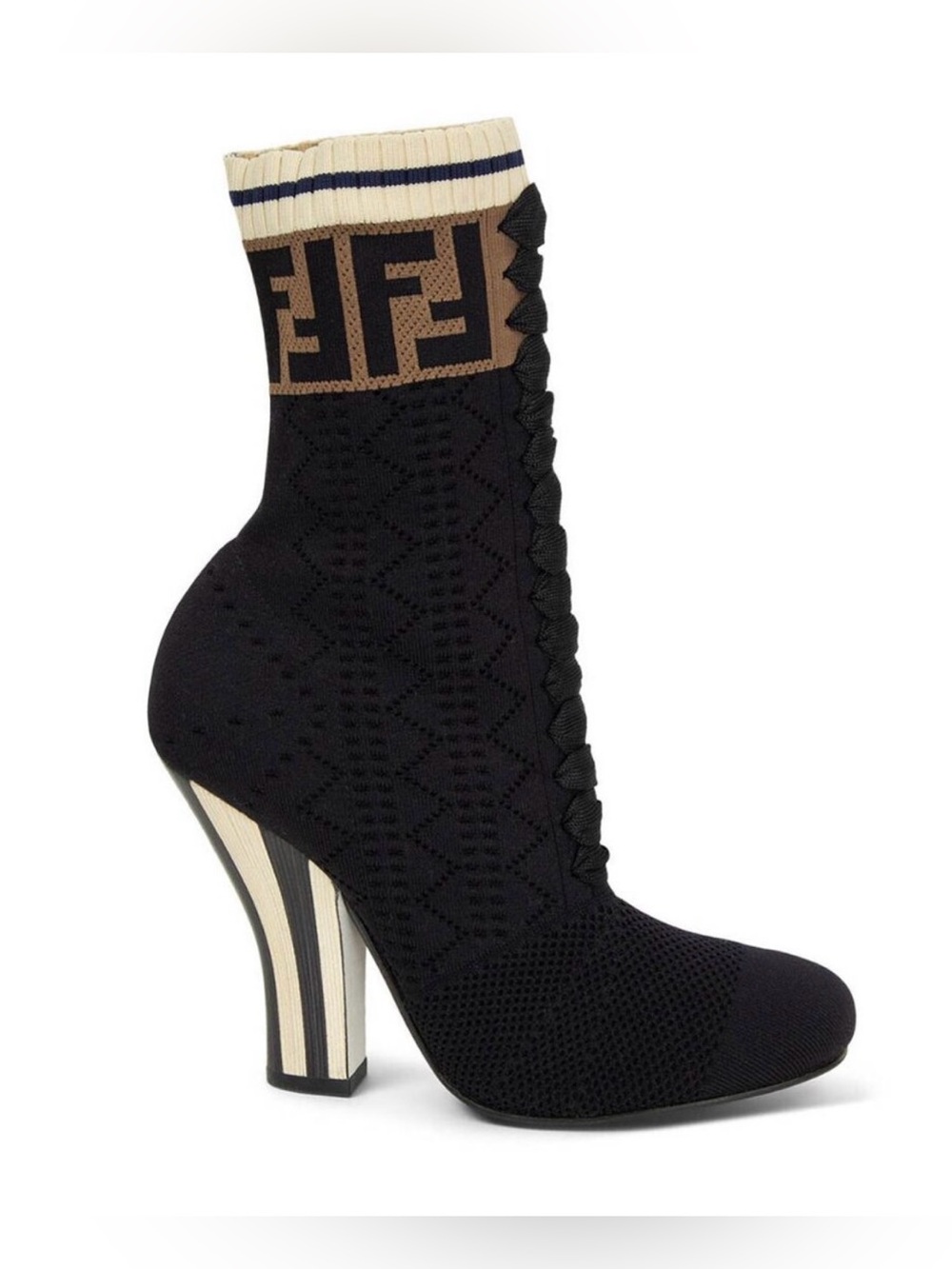 Fendi Black Knit Sock Boot with Brown Logo Cuff and Cream-Striped Heel 39